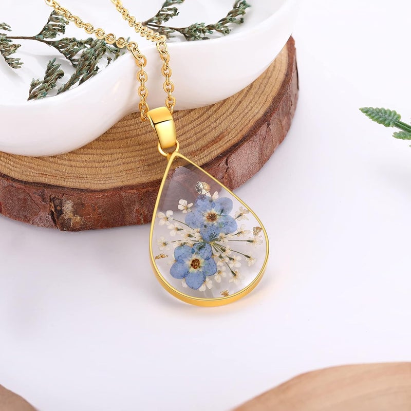AUNTESIGN Store Forget-Me-Not and Queen Anne's Lace Pressed Wildflower Necklace | Birth Month Real Flower Necklace | Gold/Silver Pressed Flower Jewelry | Personalized Handmade Jewelry - Image 2